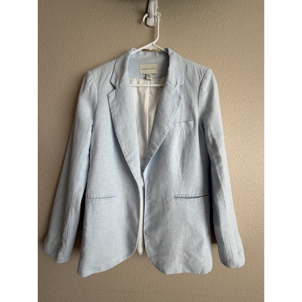 Adrienne Vittadini Blue White Striped Linen Cotton Blazer Jacket Size M Tailored